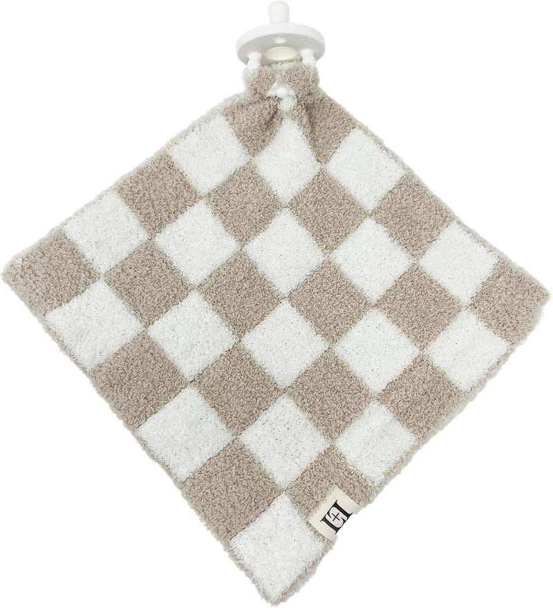 Leaps + Legends L+L USA Checkered Baby Lovey Pacifier/Teether Holder 10"x10" - DreamSoft Plush Fluffy Cuddly Soothie Reversible Mini Comfort Blanket - Cute Newborn Gift Essential Babies Boys Girls (Tan/White) - Image 2